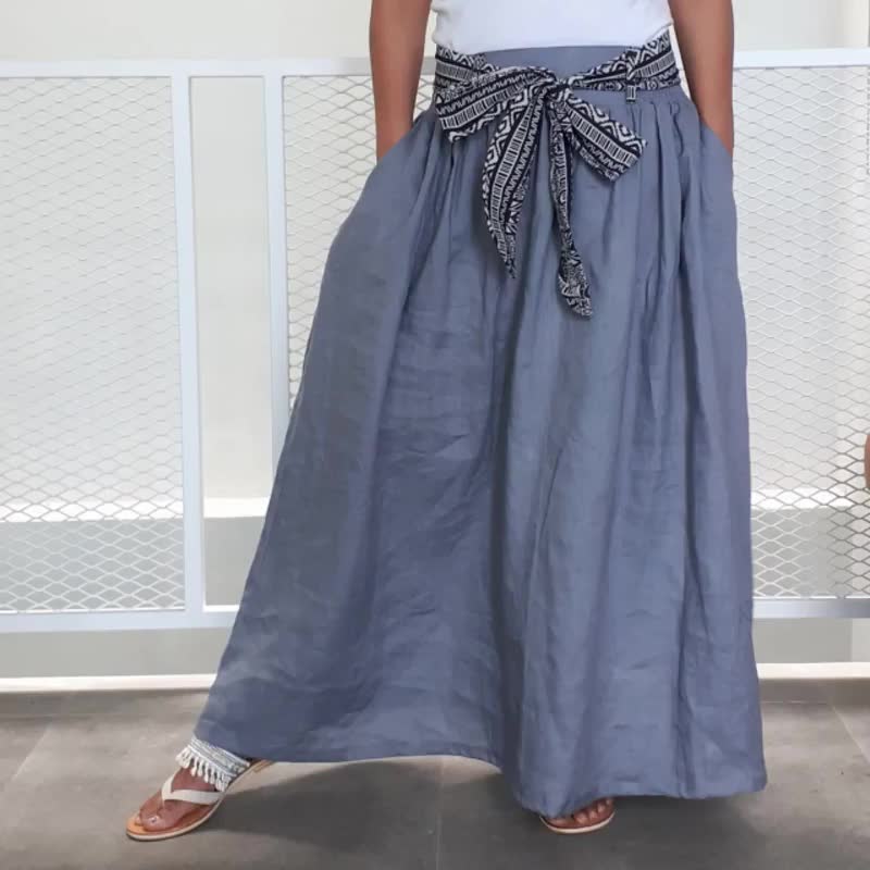 Long Linen Skirt, Grey Linen Maxi Skirt With Pockets, A Line Full