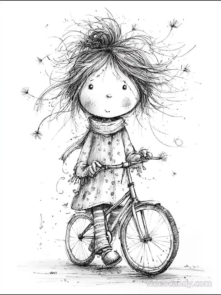 whimsy bike, girl on bicycle, cute sketch girl, floral bike art, cycling girl art, line art bicycle, black white bike, quirky bike ride, video poster