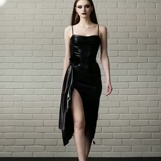 Gothic Black Asymmetrical Dress with High Slit and Draped Floral Detail Gothic Black Asymmetrical Dress with High Slit and Draped Floral Detail