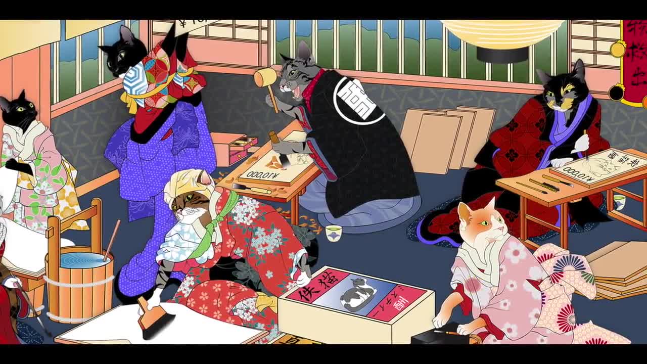 LOST CAT PRINT Shop, Metal Print, Wall Art, Cat Print, Japanese culture, Original Art Print, Printmaking, Cat Tales, animal rescue, kimono video poster