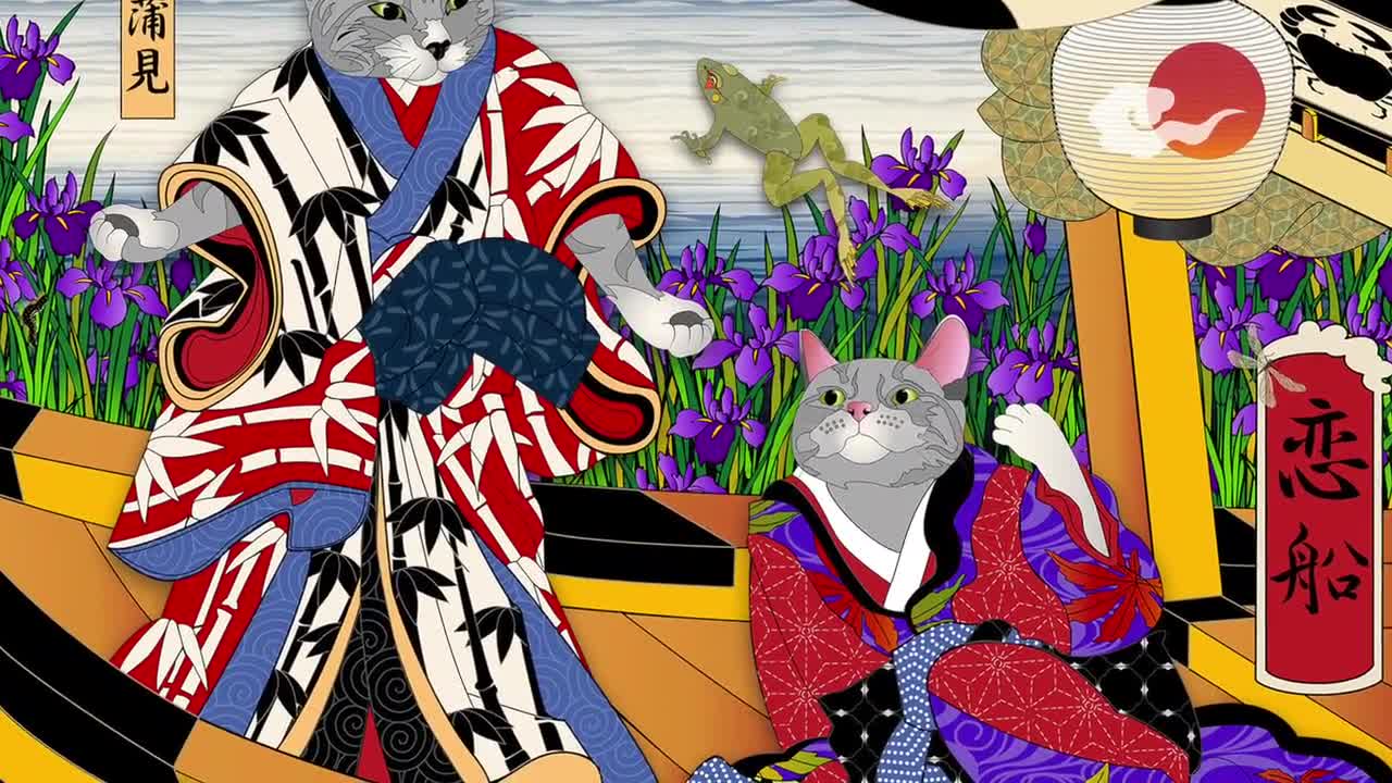 LOVE BOAT Wall Art, Cat Print, Japanese culture, Original Artist, tabby cat, romance, friendship, irises, kimono, ukiyo-e, frog, dragonfly video poster