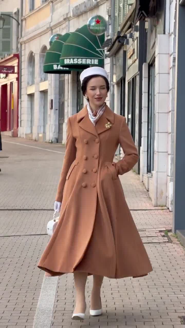 Brown Wool Blend Coat for Women – Double Breasted Fit and Flare