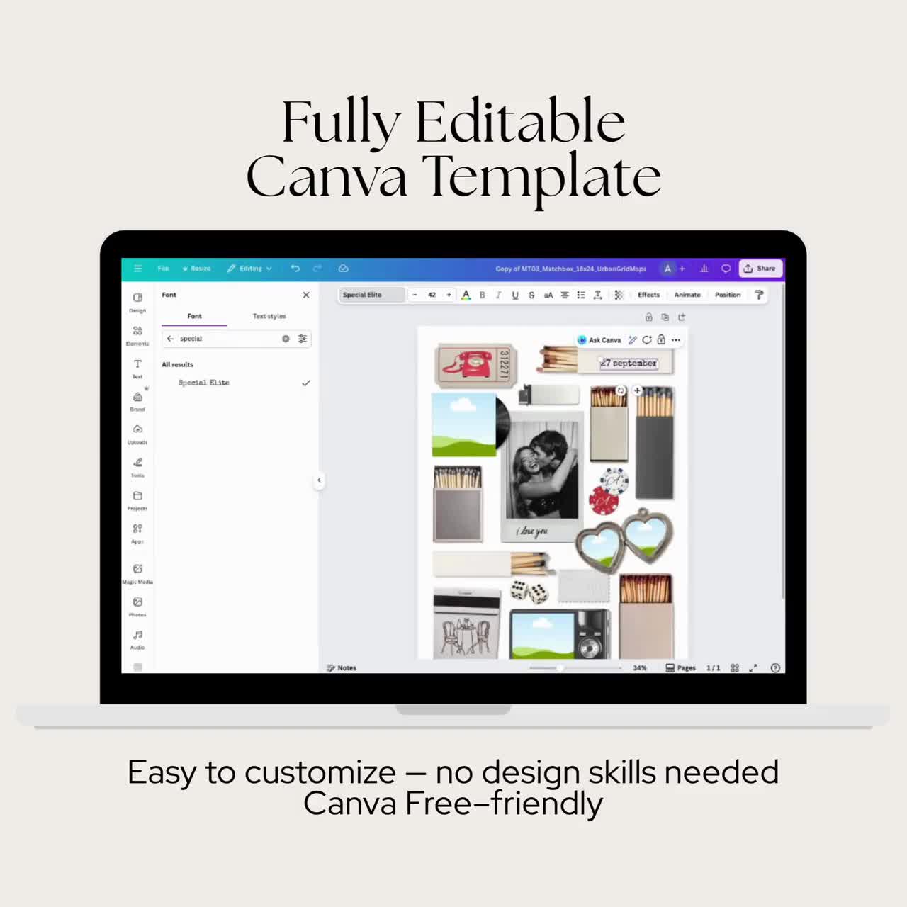 Plantilla editable de Canva para caja de cerillas, regalo DIY para él, arte mural para aniversario de novio video poster