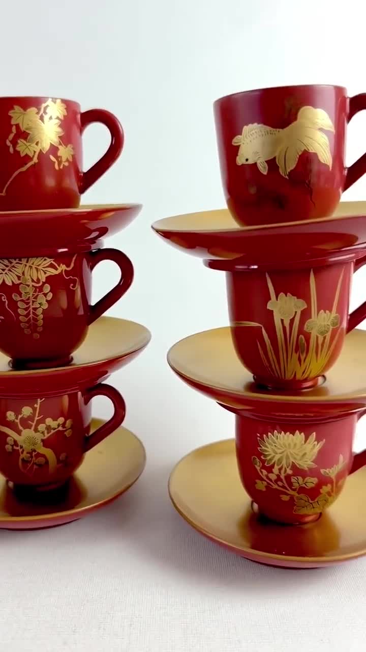Vintage Japanese Red & Gold Demitasse Cup and Saucer Set of 12