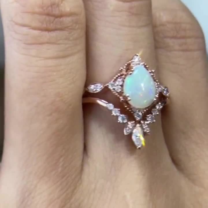 Opal engagement ring Rose gold engagement ring set Diamond Cluster rin –  Nobel Yates