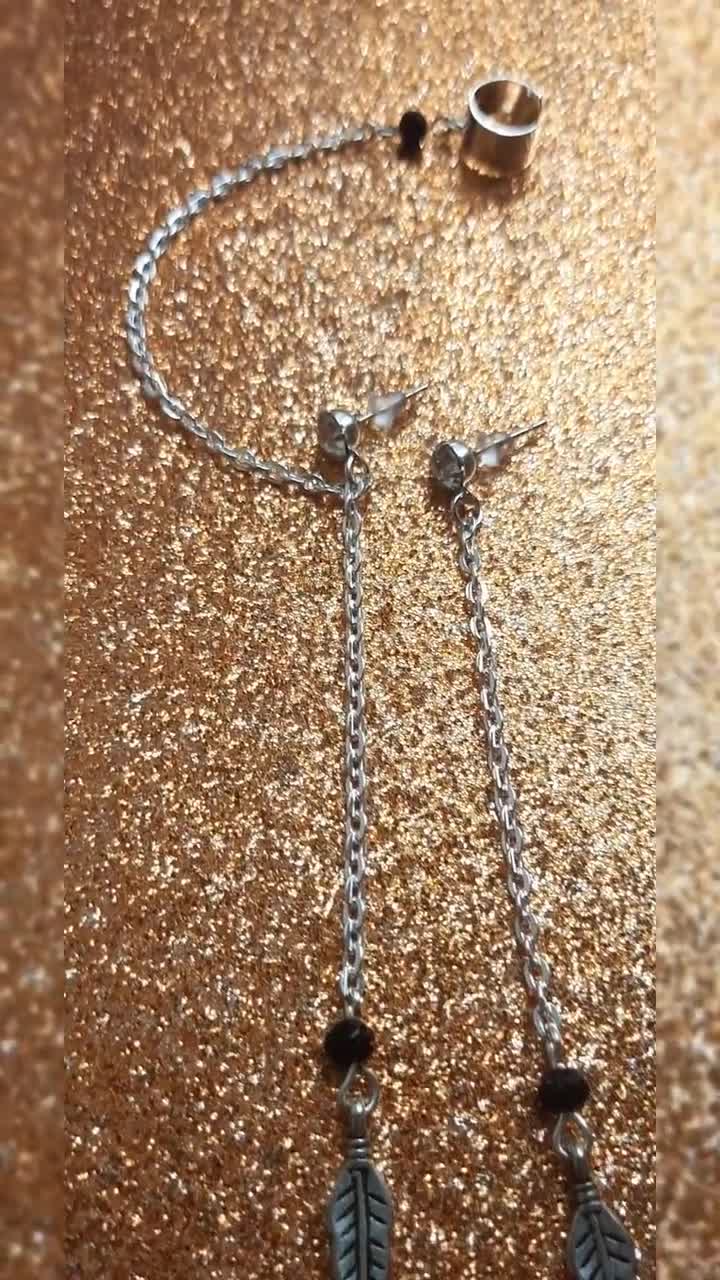  Long chain ear cuff handmade fall leaves earring non