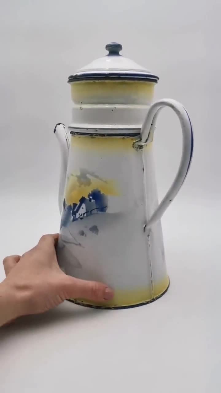 Antique French Enamel Coffee Biggin, Japy, Mountain Landscape