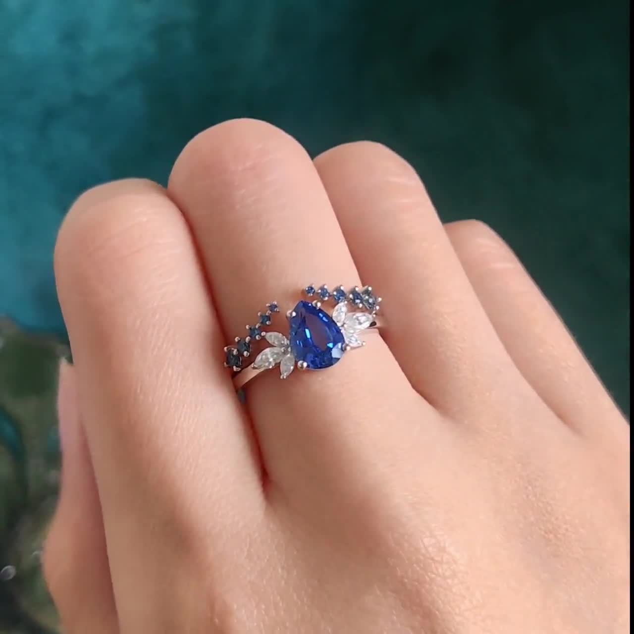 Vintage Cornflower Sapphire Engagement Ring Set Women Rose Gold Pear  Sapphire Wedding Ring Open Wedding Band Unique Bridal Set For Women