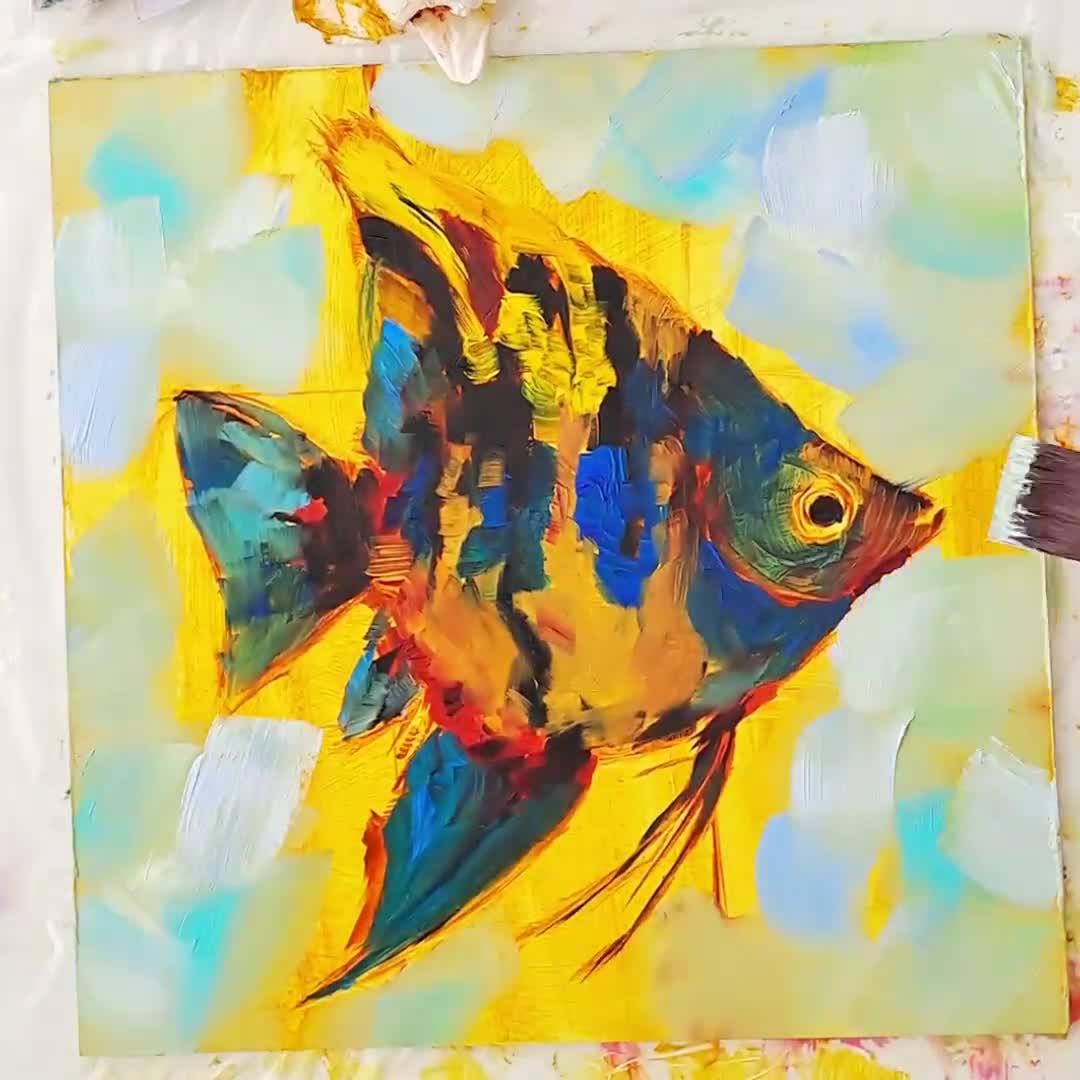 エンゼルフィッシュの絵画 魚のオリジナルアート 動物の油絵 スカラー