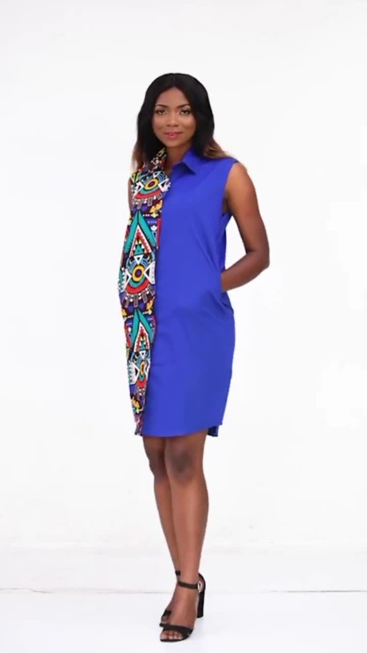 Royal Blue Ankara Dress South African Print Clothing Blue Ankara Womens  Shirt Dress Tribal Button-up Garment Blue Pattern Clothing