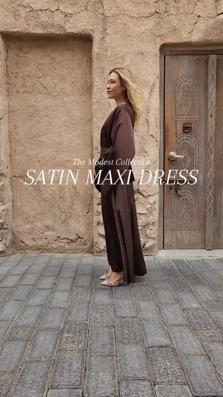 Chocolate Brown Satin Maxi Dress: Long Sleeve Modest Abaya Chocolate Brown Satin Maxi Dress: Long Sleeve Modest Abaya