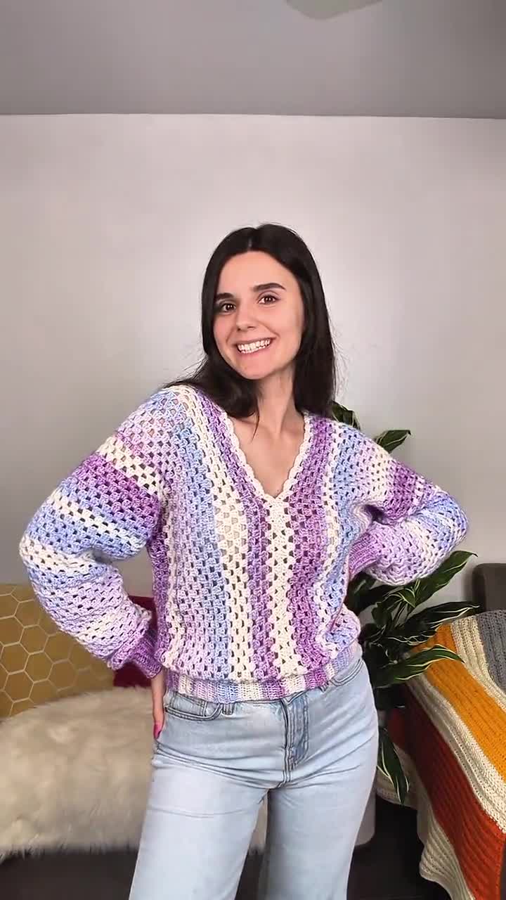 Crochet pattern- MILLIE Crochet sweater pattern PDF- Women crochet top pattern- 2 panels Crochet pullover sweater-Easy Granny sweater-XS-3XL video poster