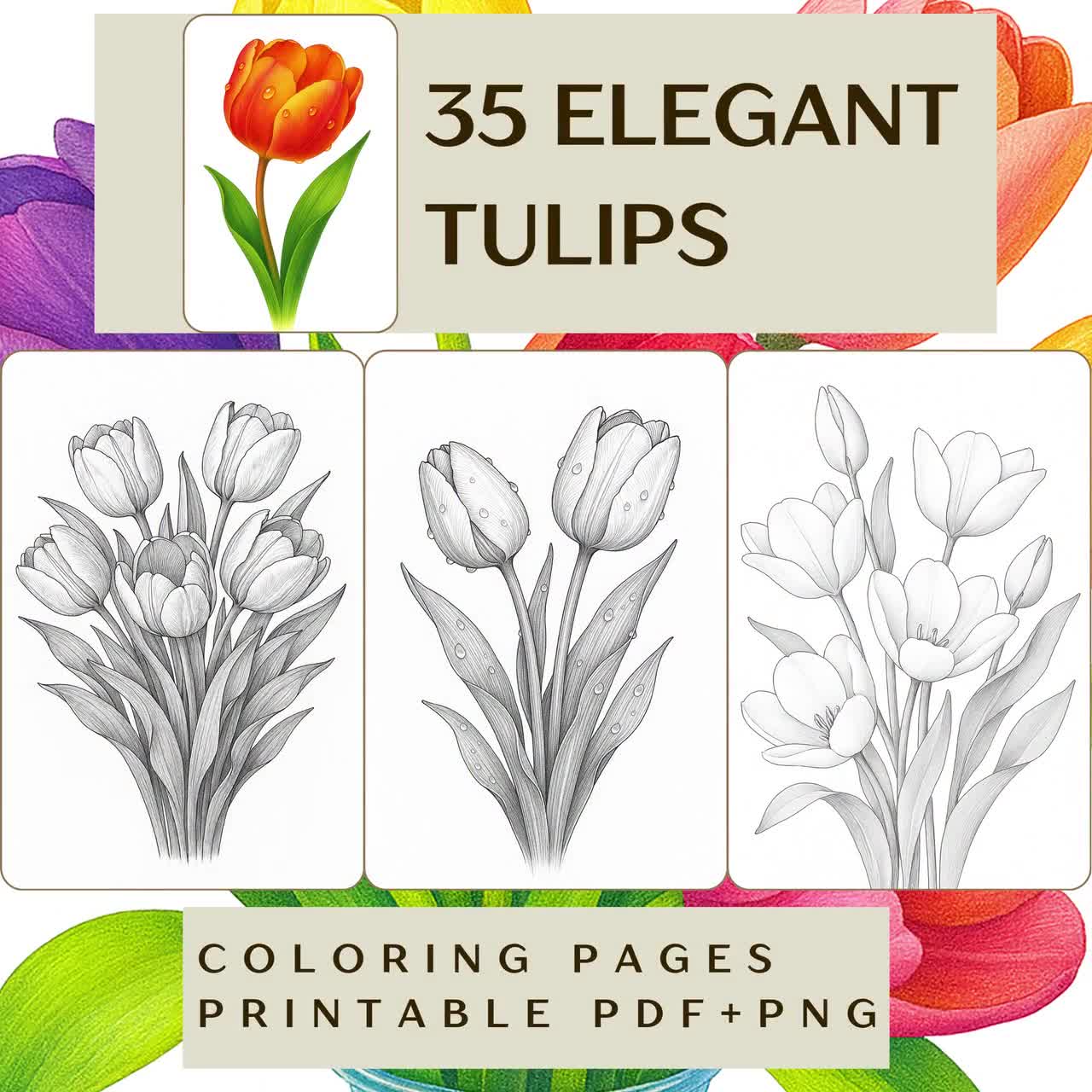 Elegant Tulips Coloring Pages: Botanical Grayscale Flowers (PDF + PNG  Download), image size:1280x1280
