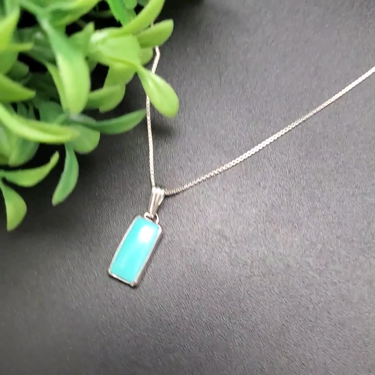925forher Long Rectangle Turquoise Necklace Pendant With Silver