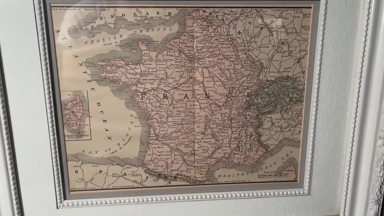Antique Map of France 1890 Hand Tinted Ornate Frame Under