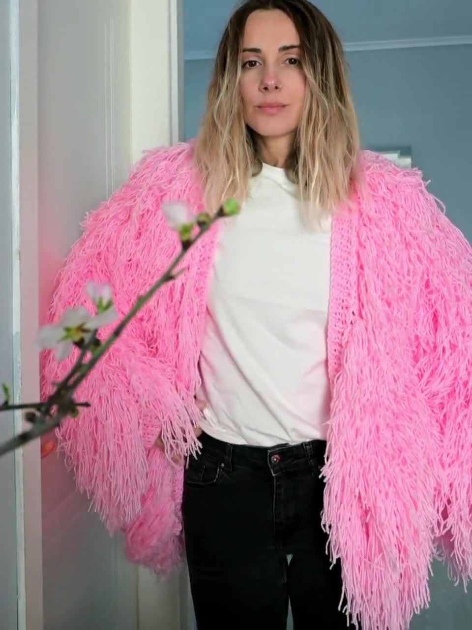 Hand Knit Shaggy Fringe Cardigan. Huge Coat Vegan Friendly - Etsy