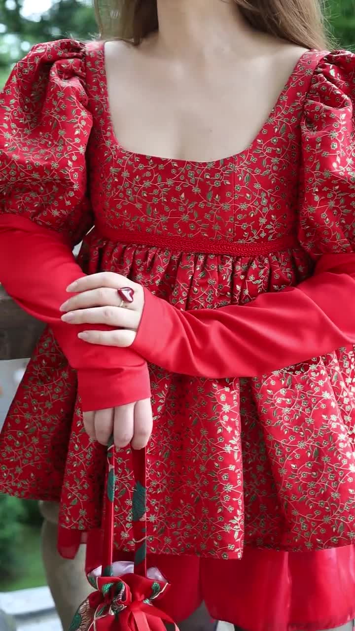 The Megan Dress in Red with Long Puff Sleeves - Babydoll Mini Dress -  Lolita Dress - Floral Cocktail Dress