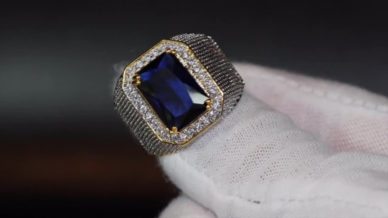アクセサリー Blue Stardust & Clear Glass Ice Ring Blue Lab Created Sapphire Rhodium Over Sterling Silver Ring
