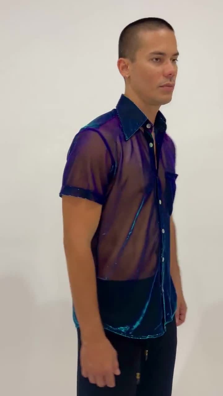 Mens Sheer Shirt Iridescent Short Sleeve Button Up Shirt | LOVE KHAOS