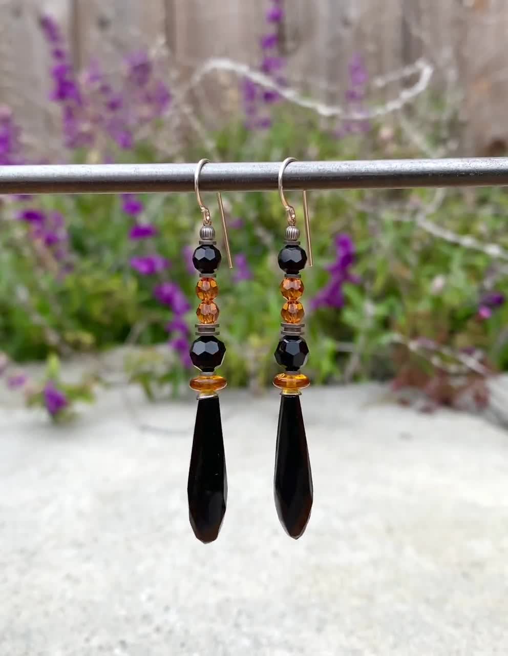 Black Prism Earrings, German Glass Drops With Topaz Austrian