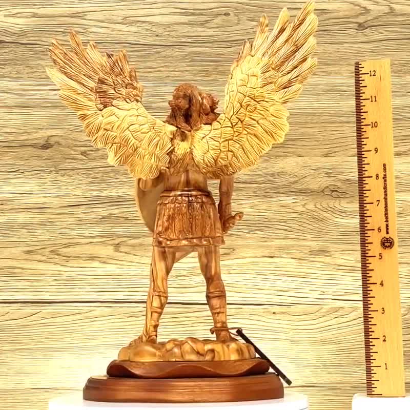 Hand Carved Olive Wood Saint Michael Statue, Holy Land Religious