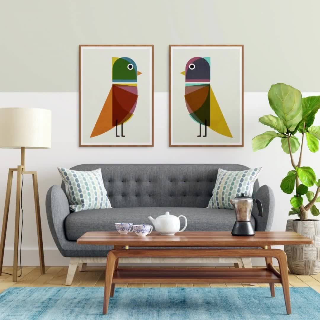Mid Century Illustration Colourful Birds, Wildlife Artwork Set of 2 Art