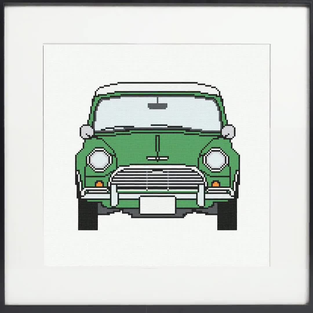 ミニクーパーのクロスステッチパターン：1960年代の車の刺繍（デジタル