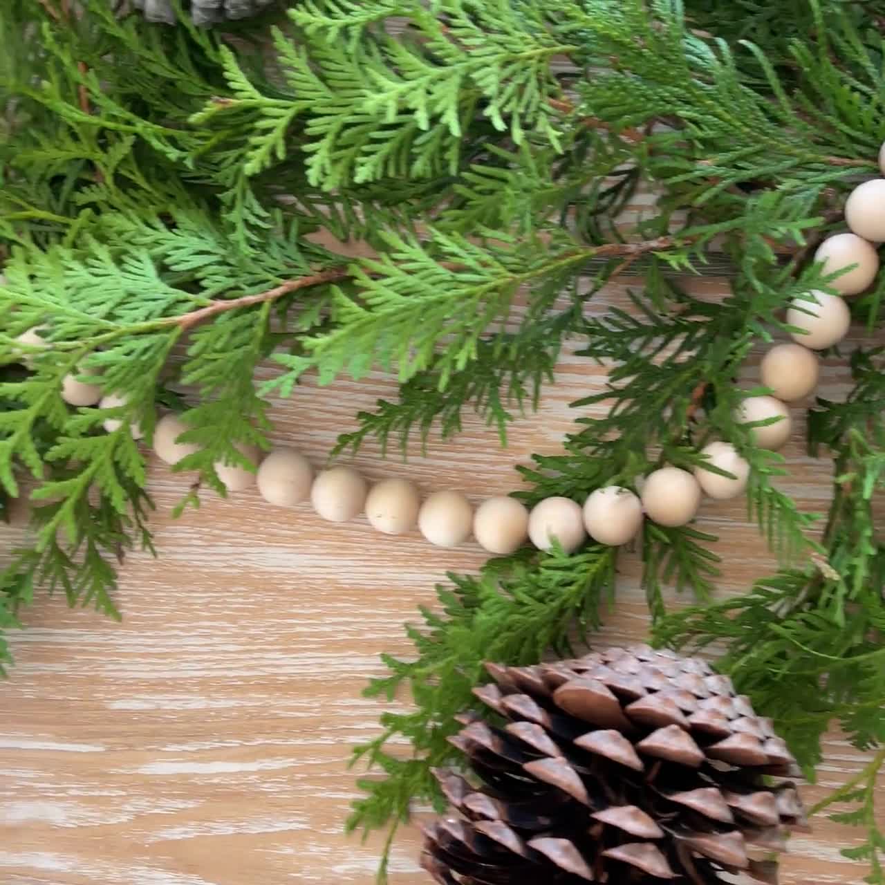 Waxed Wooden Beads Garland for Christmas Tablescape, Scandinavian