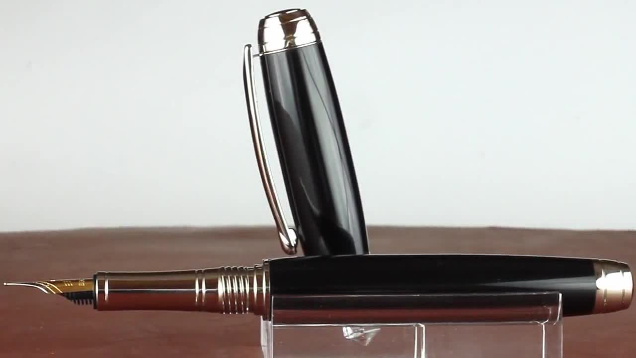 Fountain Pen - Handmade Gloss Jet Ultra Black Acrylic - Beaufort 23k Gold  plated Size 5 Nib