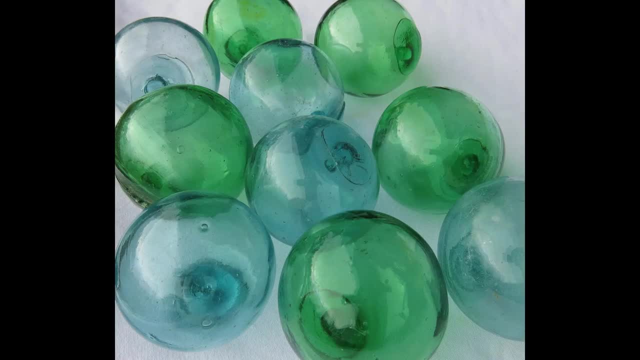 Asian Blown Glass Fishing FLOATS 2 LOT-10 Green Seal Button Ocean Balls  USA BZ