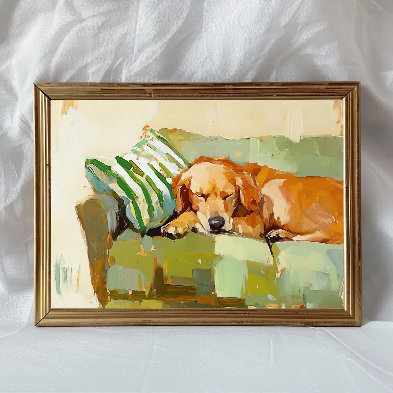 「遊ぶ子供と犬」出品者自作、オリジナル油彩、新品 ゴールデンドゥードルの犬の油絵、モダンな抽象画のペットの肖像画の壁