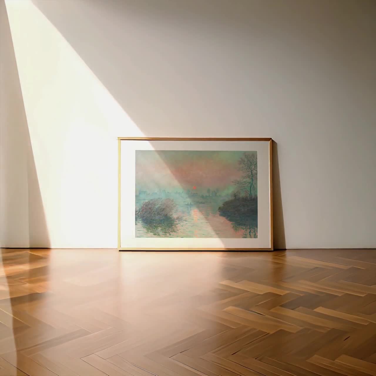 クロード・モネの風景画、ラヴァクールのセーヌ川に沈む夕日の絵画