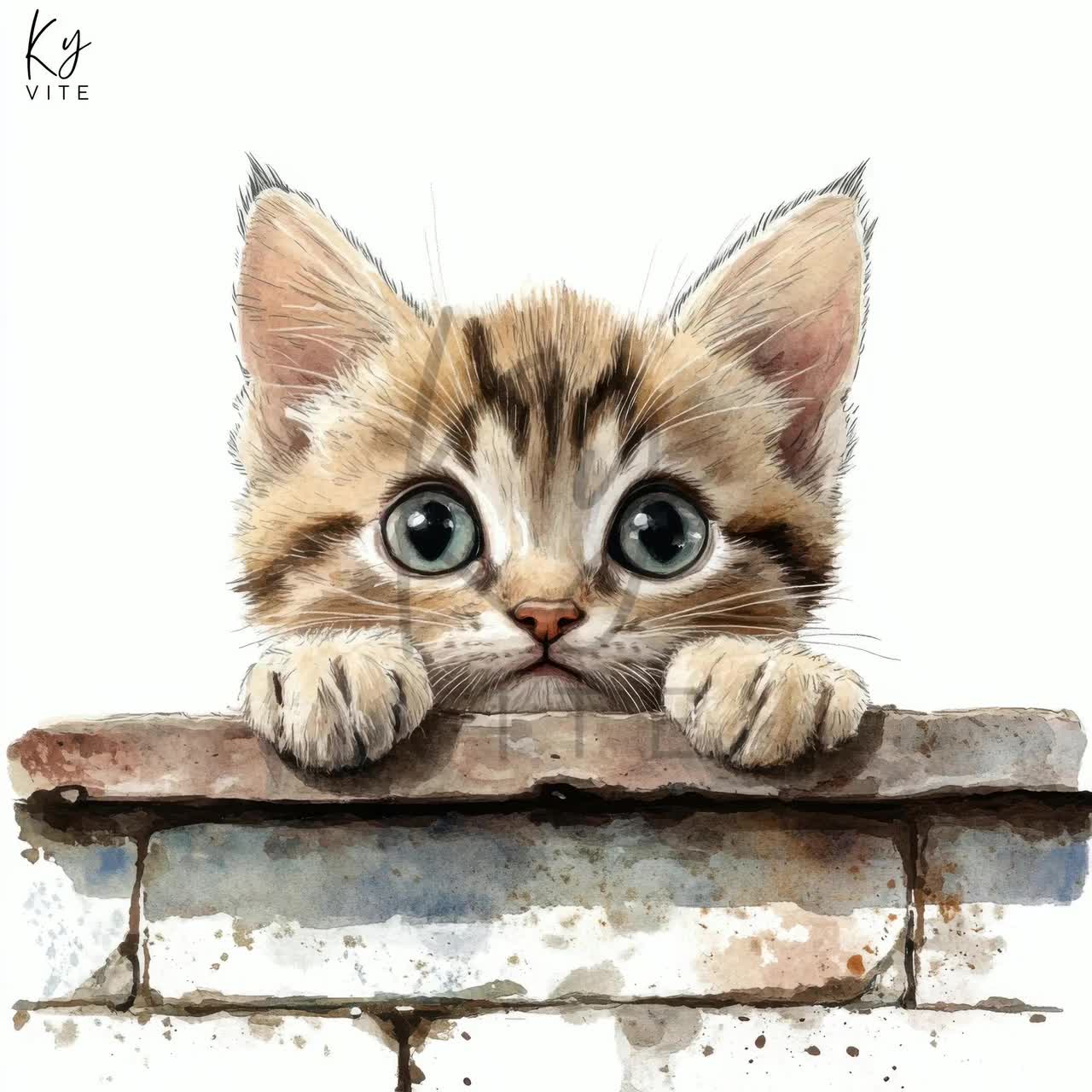 水彩子猫のクリップアート：覗き見猫、カード作り（デジタル