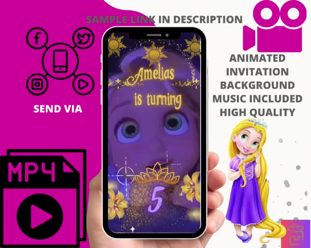 Rapunzel inviti stampabili personalizzati