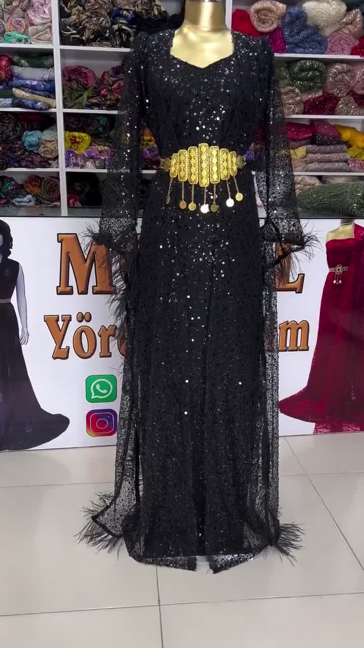 Custom Made Kurdish Dress – Black Sequin Kaftan With Gold Belt