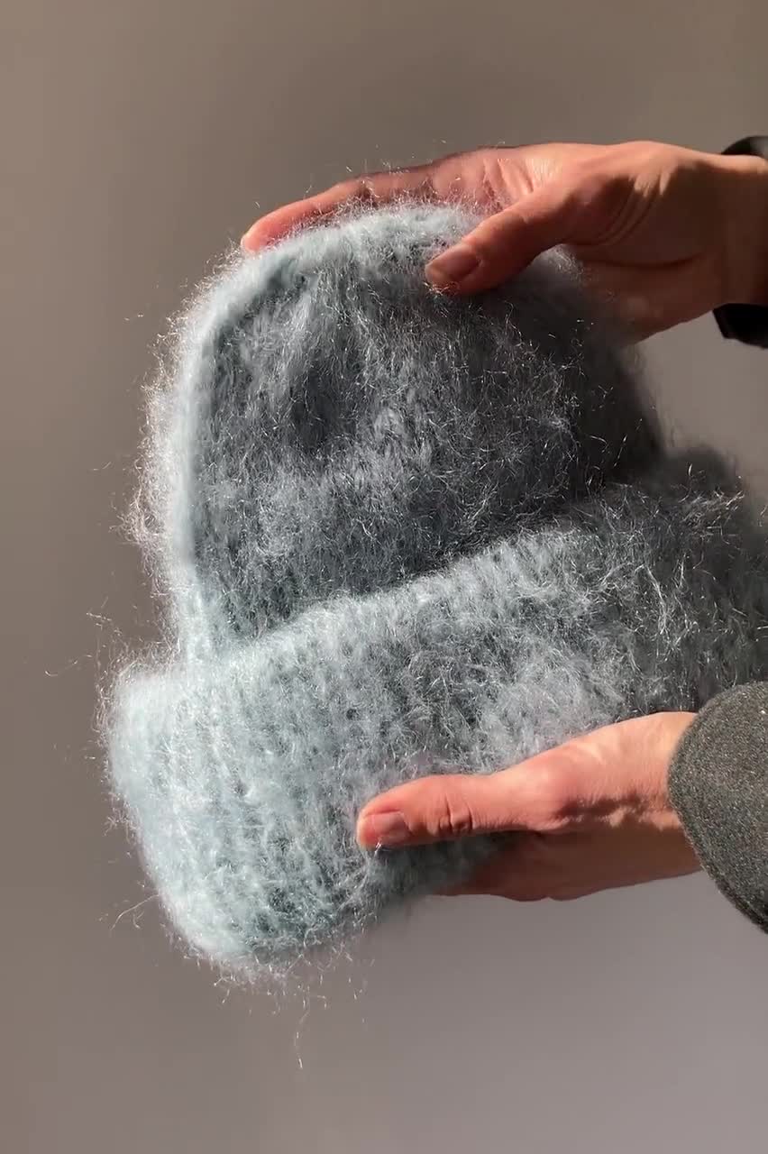 Chunky Mohair Beanie, Womens Winter Knit Hat, Pastel Blue