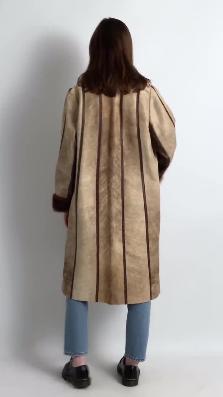 70s Vintage Rare Woman Retro Wool Long Maxi Coat Leather