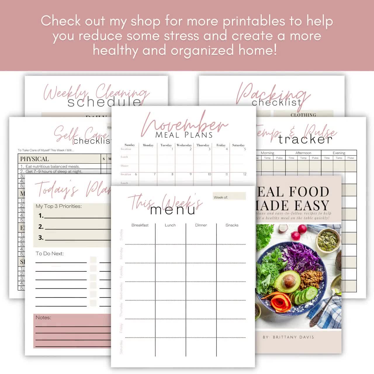 Rose Printable Meal Prep Checklist Meal Prep Template Pink Meal Prep  Planner Digital 