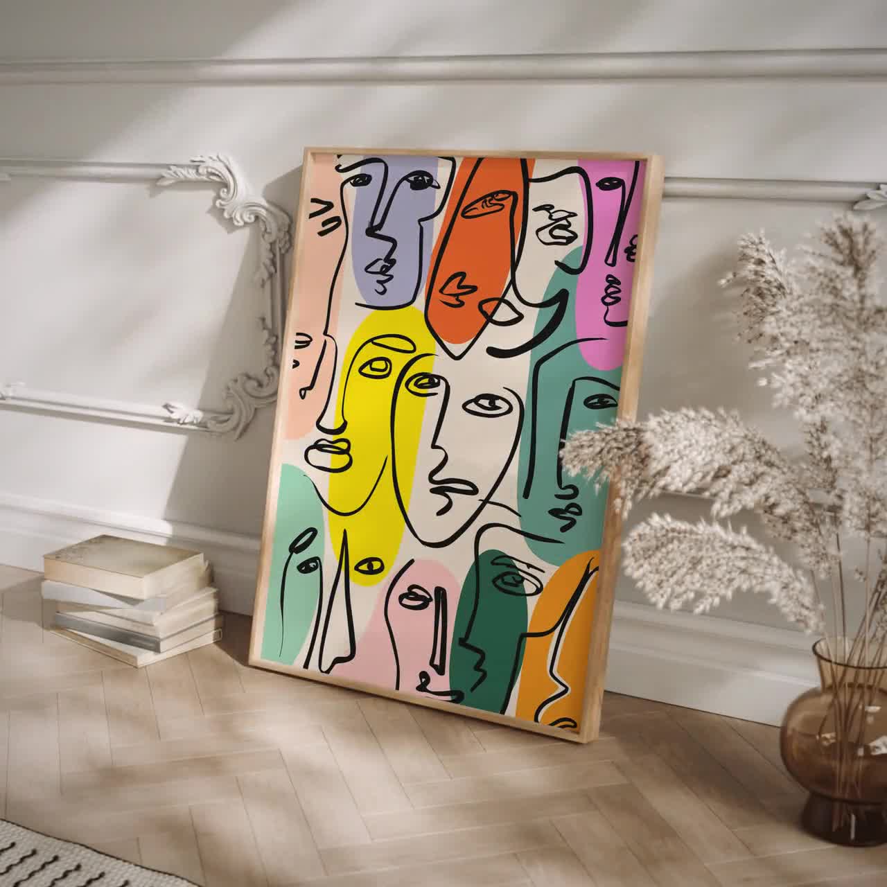 Picasso Inspired Colorful Line Art Poster, Famous Artist