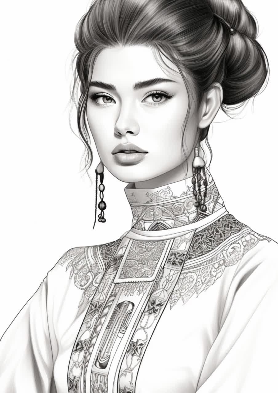 22 日本の女性の塗り絵、大人と子供 - 即時ダウンロード、グレー