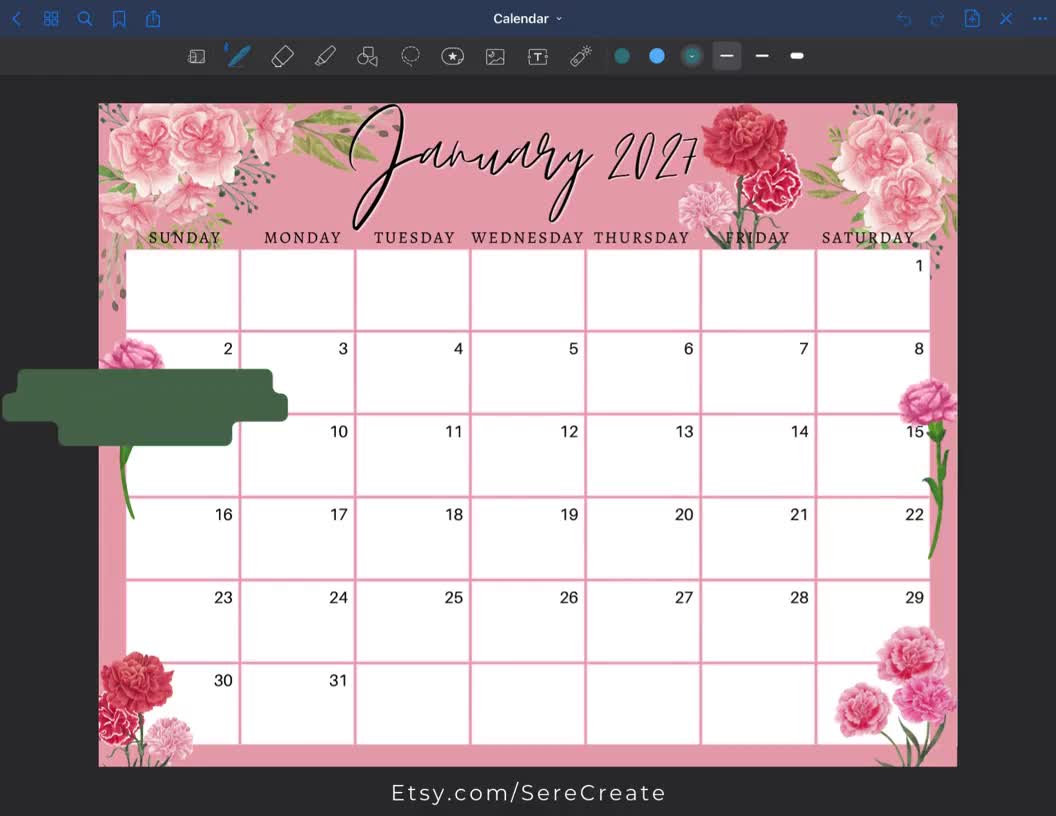 January 2027 Calendar: Pink Carnations, Editable Printable (PDF, PNG, JPG)  - Etsy