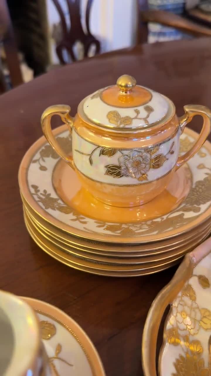 Vintage Noritake Hand-painted Peach Luster Tea & Coffee Set | Gold
