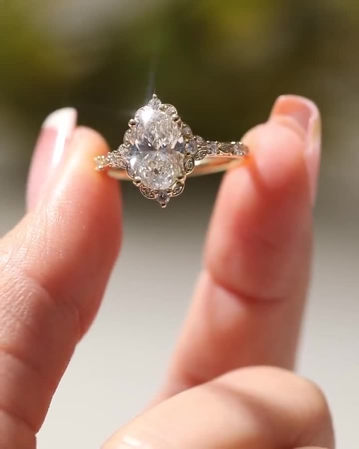 Oval Moissanite Engagement Ring Yellow Gold Unique Halo Vintage