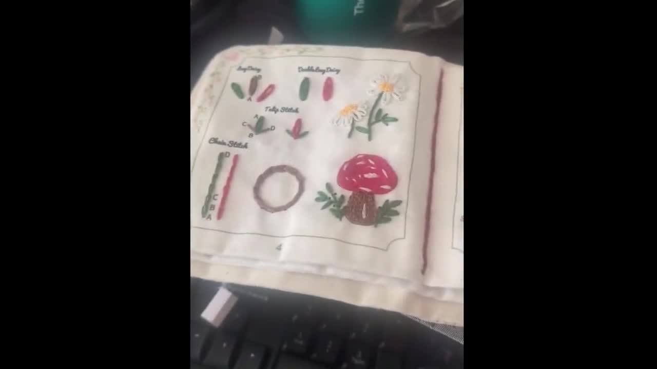 Libro de bordado para principiantes con páginas de tela, 30 puntadas de bordado a mano para adultos, kit de costura DIY con motivos florales video poster