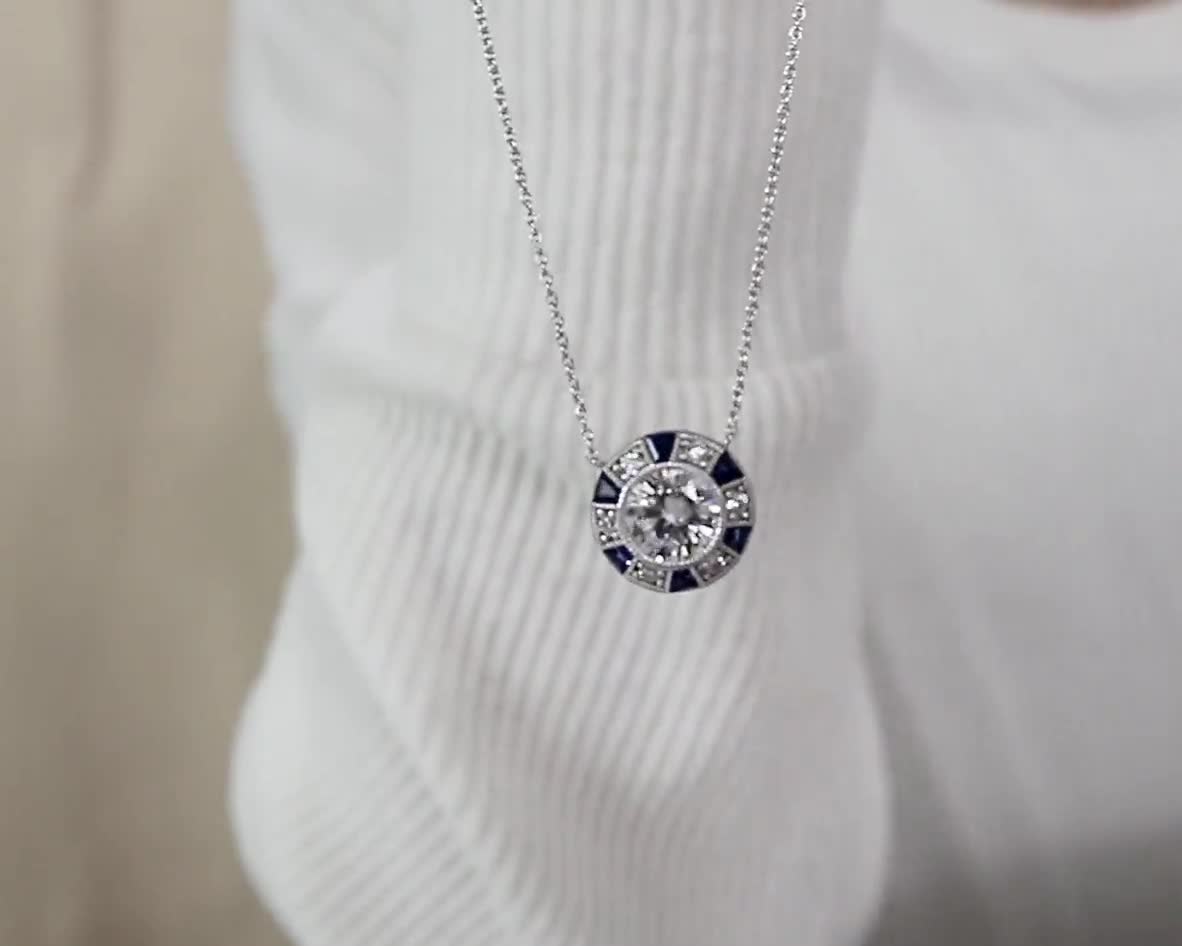 Blue CZ Diamond Halo Necklace - Dainty Bridal Wedding Necklace - Art Deco  Elegant Vintage Necklace - Gift for Her [BN3604SP]