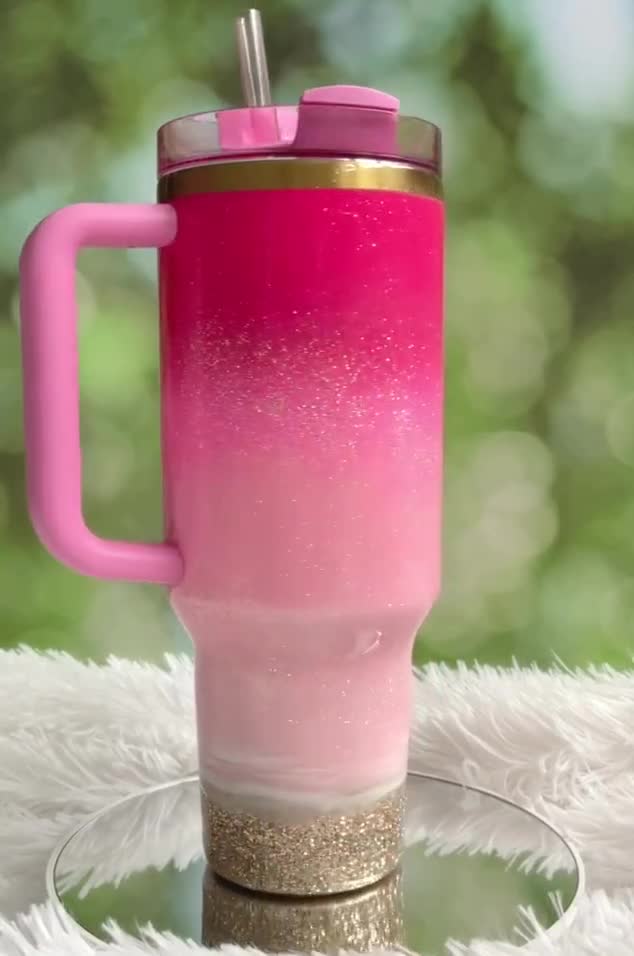 Stanley Quencher 40 oz Pink Beach Glitter Epoxy Tumbler with Gold Rim video poster