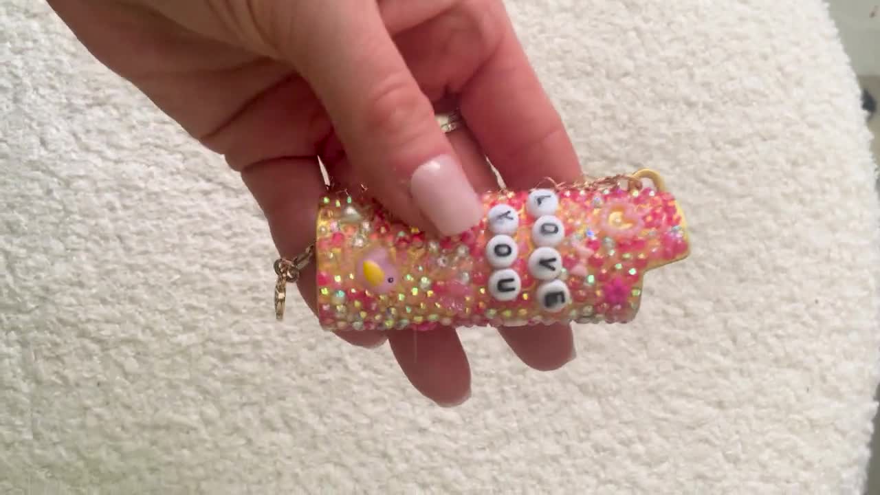 Customizable Bedazzled Lighter J6 sleeve w/ keychain, charm, personalized word/name/phrase video poster