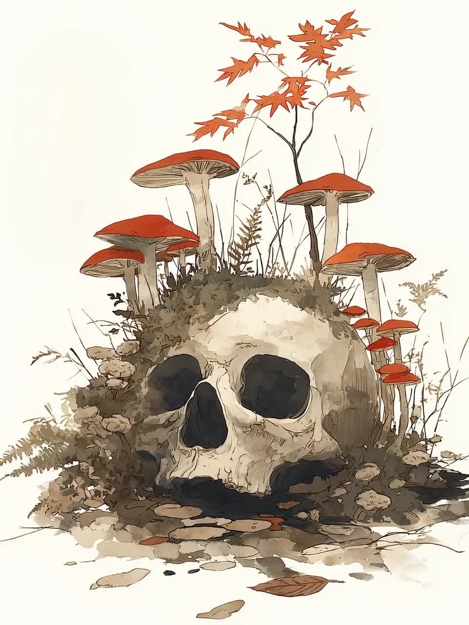 Mushroom Skull Art Print: Gothic, Nature Reclaiming, Japandi