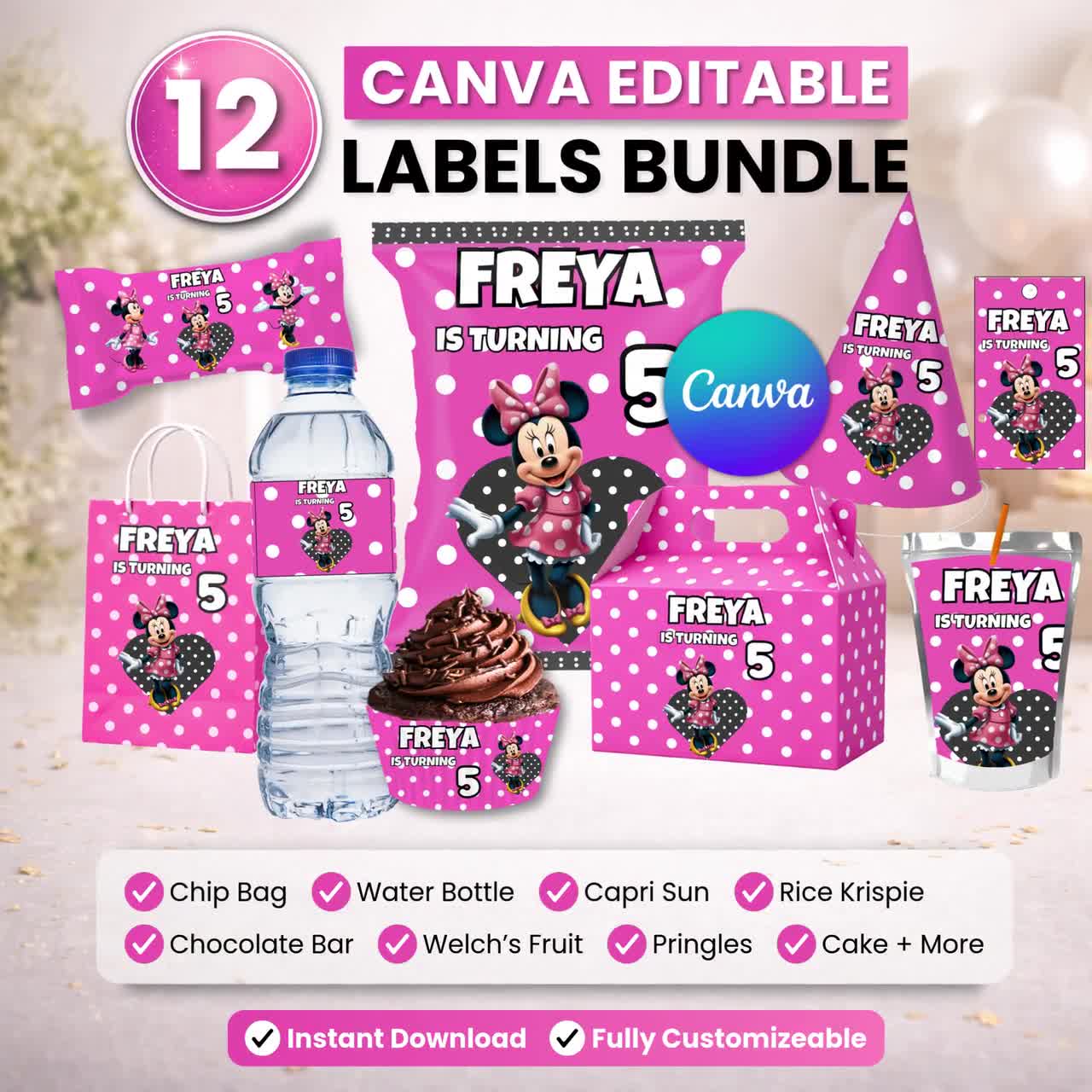 Minnie Mouse Party favor bundle, Minnie Mouse Party Decor, Birthday Decor, Chip bag, Water bottle label, Chocolate Wrapper, Caprisun Label video poster