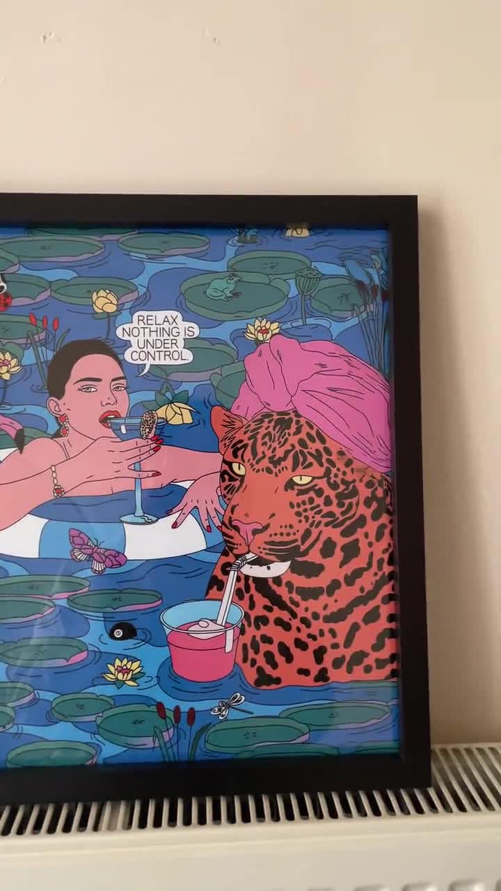 Pop Art Relax Poster Digital Print – Woman and Leopard in Pool